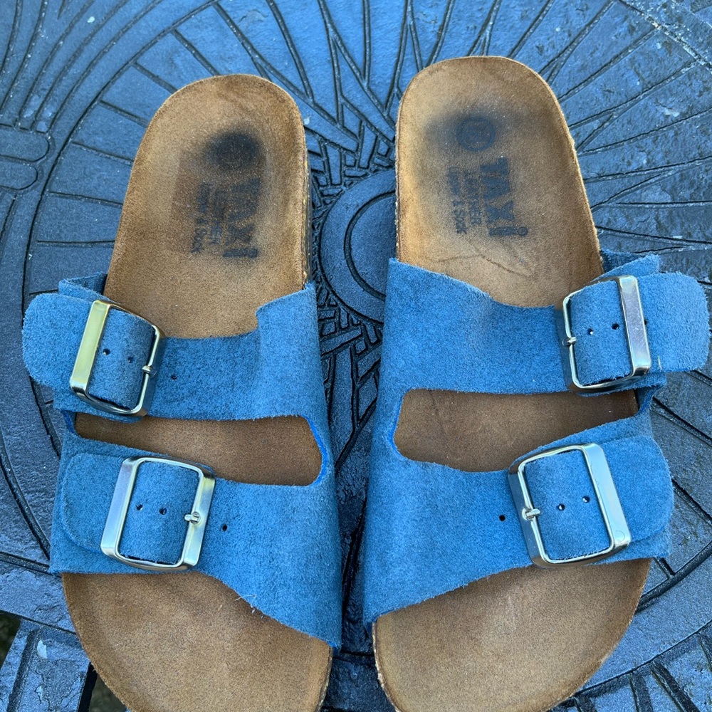Womens Sz 6.5 Slip On Sandals Blue Suede Leather Slip On Double Band Buckle